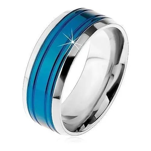 Biżuteria e-shop Obrączka ze stali chirurgicznej, niebieski pas, oprawa srebrnego koloru, nacięcia, 8 mm - rozmiar: 57