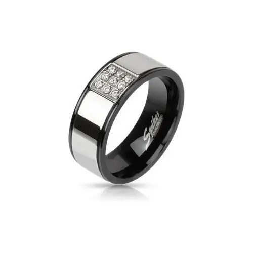 Obrączka ze stali - srebrna z czarnymi brzegami, cyrkoniowy kwadrat - rozmiar: 69 Biżuteria e-shop