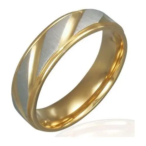 Obrączka ze stali - złoto-srebrny kolor, ukośne rowki - rozmiar: 55 Biżuteria e-shop