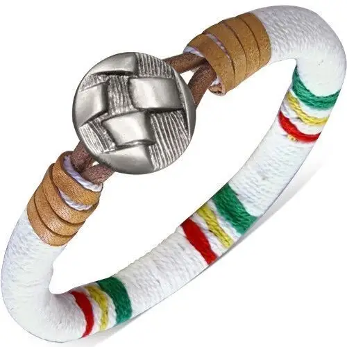 Okrągła bransoletka owinięta białym sznurkiem, kolorowe pasy, guzik Biżuteria e-shop