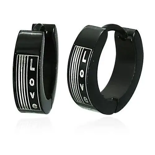 Biżuteria e-shop Okrągłe czarne kolczyki ze stali - nadruk love w ramce z paskami