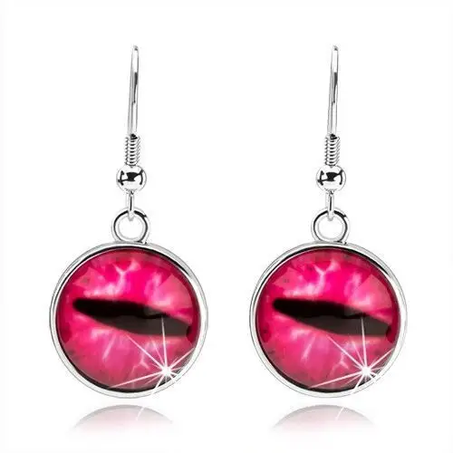 Biżuteria e-shop Okrągłe kolczyki cabochon, przezroczyste wypukłe szkło, różowe kocie oko
