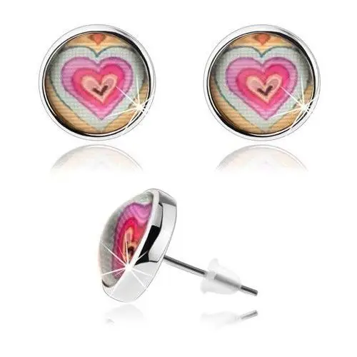 Biżuteria e-shop Okrągłe kolczyki z przejrzystym wypukłym szkłem, kolorowe serduszka, sztyfty