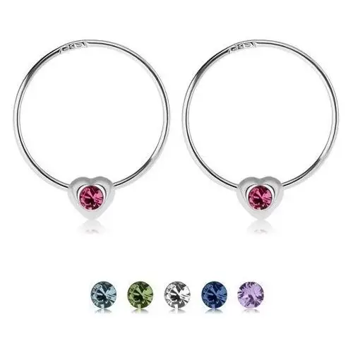 Okrągłe kolczyki ze srebra 925, serduszko z kolorową cyrkonią - kolor: przeźroczysty Biżuteria e-shop