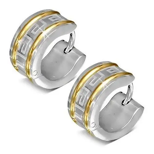 Okrągłe kolczyki ze stali chirurgicznej, dwa pasy złotego koloru, klucz grecki Biżuteria e-shop