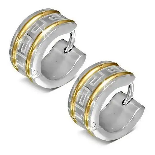 Okrągłe kolczyki ze stali chirurgicznej, dwa pasy złotego koloru, klucz grecki Biżuteria e-shop