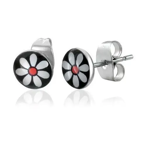 Biżuteria e-shop Okrągłe stalowe kolczyki - biały kwiatek z czerwonym środkiem