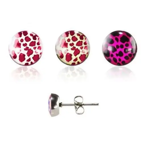 Okrągłe stalowe kolczyki - kolorowy leopardzi wzór z przezroczystą emalią - kolor: czarny - różowy Biżuteria e-shop