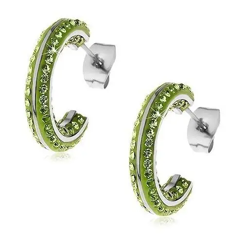 Okrągłe stalowe kolczyki - małe zielone cyrkonie, lśniące pasy srebrnego koloru