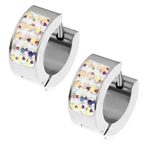 Biżuteria e-shop Okrągłe stalowe kolczyki - tęczowe cyrkonie, białe tło