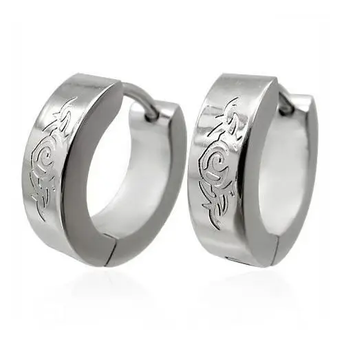 Okrągłe stalowe kolczyki w srebrnym kolorze, grawerowany ornament Biżuteria e-shop