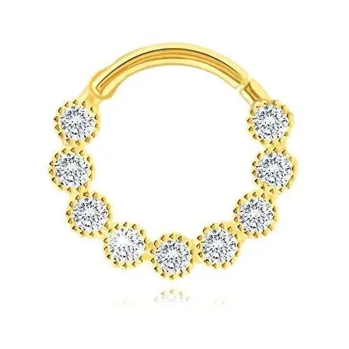 Okrągły złoty 585 piercing - kółka z cyrkoniami, karbowany brzeg, zapięcie kajdankowe Biżuteria e-shop
