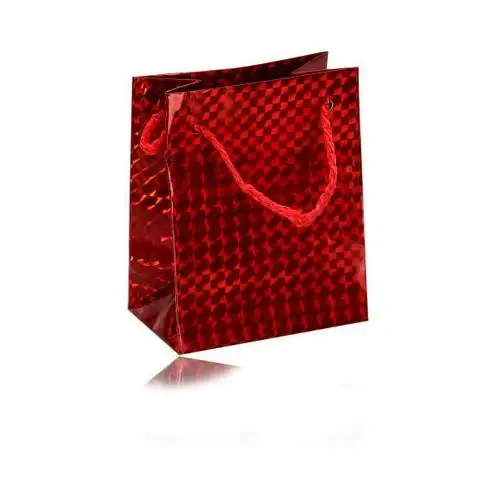 Papierowa holograficzna prezentowa torebeczka - kolor czerwony, gładka błyszcząca powierzchnia