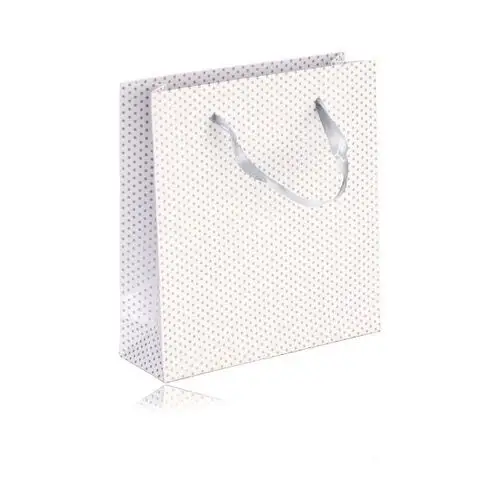 Biżuteria e-shop Papierowa prezentowa torebeczka - kolor biały, srebrne kropki, gładka powierzchnia