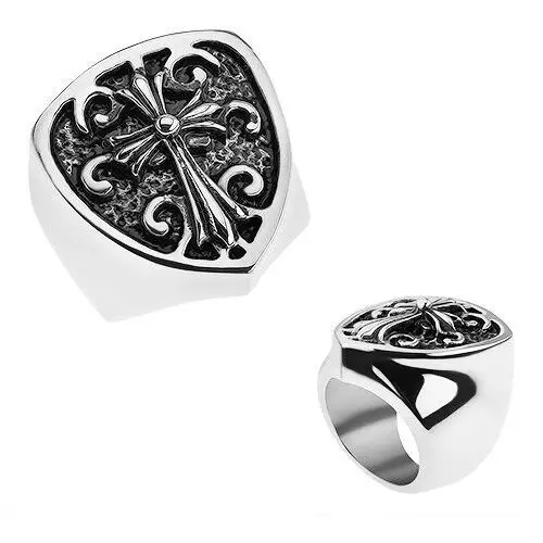 Patynowany pierścionek ze stali 316L, herb z krzyżem liliowym, ornamenty - Rozmiar: 62, T22.14
