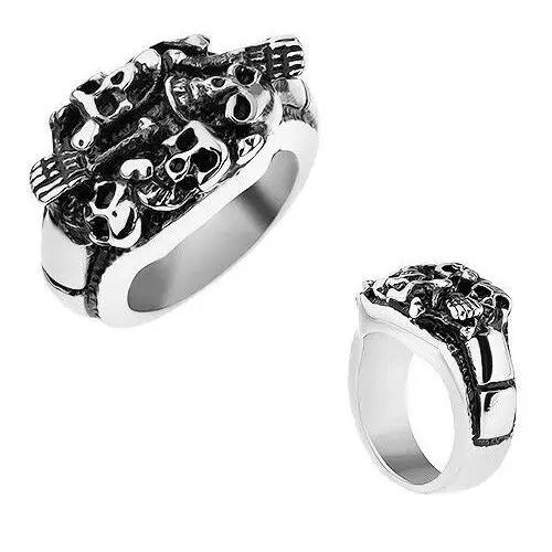 Biżuteria e-shop Patynowany pierścionek ze stali 316l, srebrny kolor, wypukłe czaszki i kości - rozmiar: 69