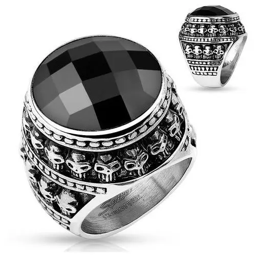 Biżuteria e-shop Patynowany stalowy pierścionek, czarny oszlifowany kamień, zarys z małych czaszek - rozmiar: 69