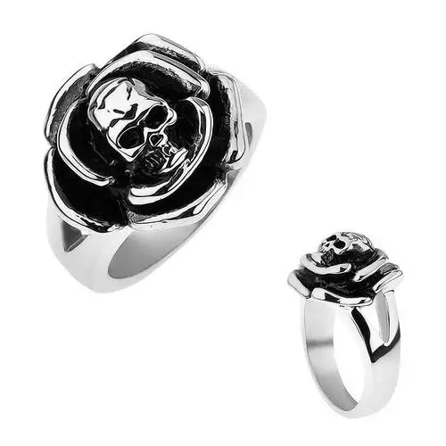 Patynowany stalowy pierścionek, róża z czaszką pośrodku, rozdwojone ramiona - Rozmiar: 62, T21.5