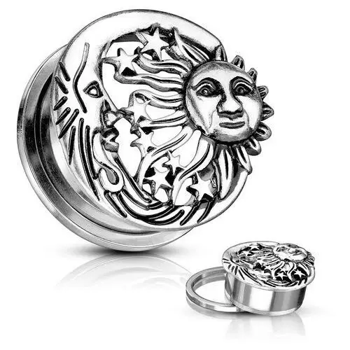 Biżuteria e-shop Patynowany, stalowy plug do ucha - słońce, trzy gwiazdy i księżyc - szerokość: 6 mm