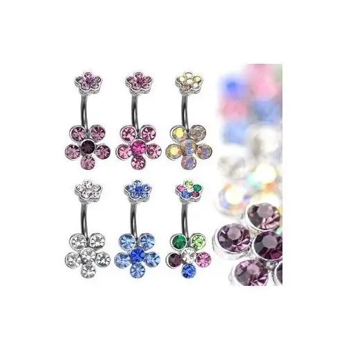 Piercing do brzucha ze stali z kolorowymi cyrkoniowymi kwiatami - kolor cyrkoni: różowy - p Biżuteria e-shop