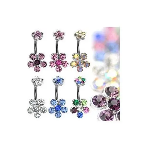 Piercing do brzucha ze stali z kolorowymi cyrkoniowymi kwiatami - kolor cyrkoni: niebieski - b Biżuteria e-shop