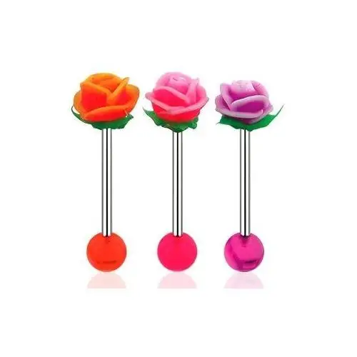 Piercing do języka, sztanga ze stali 316l, akrylowa kulka i uv różyczka - kolor kolczyka: różowy - biały - pw Biżuteria e-shop