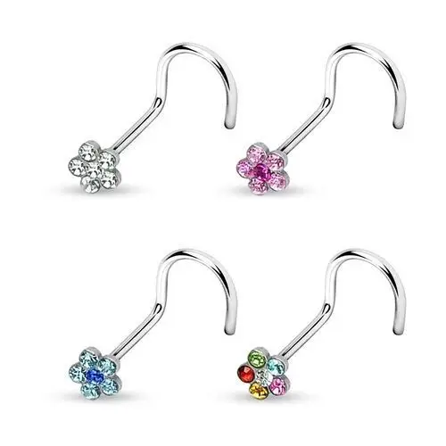 Biżuteria e-shop Piercing do nosa kolorowy kwiatek z cyrkonii - grubość kolczyka: 0,8 mm, kolor kolczyka: różowy