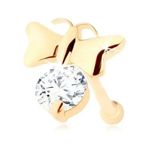 Biżuteria e-shop Piercing do nosa w żółtym 14k złocie - lśniący motylek i przejrzysta cyrkonia, prosty