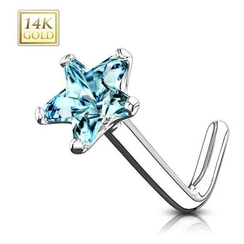 Biżuteria e-shop Piercing do nosa z białego 14k złota - zakrzywiona, niebieska cyrkoniowa gwiazda, 0,8 mm