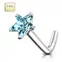 Biżuteria e-shop Piercing do nosa z białego 14k złota - zakrzywiona, niebieska cyrkoniowa gwiazda, 0,8 mm Sklep