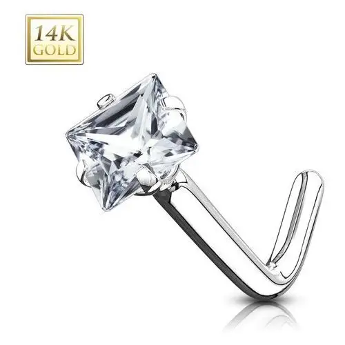 Biżuteria e-shop Piercing do nosa z białego 14k złota - zakrzywiony, bezbarwna kwadratowa cyrkonia, 0,8 mm