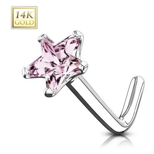 Biżuteria e-shop Piercing do nosa z białego 14k złota - zakrzywiony kształt, różowa cyrkoniowa gwiazda, 0,8 mm