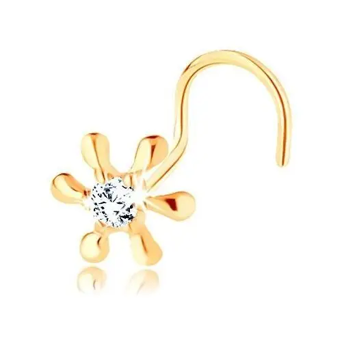 Piercing do nosa z żółtego 14k złota - lśniący kwiat z cyrkonią, zagięty Biżuteria e-shop