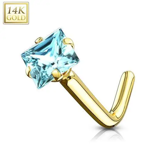 Piercing do nosa z żółtego 14K złota - zakrzywiony, jasnoniebieska kwadratowa cyrkonia, 0,8 mm, S1GG251.43