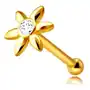 Piercing do nosa z żółtego 9K złota - kwiat z przezroczystą cyrkonią, długie płatki Sklep