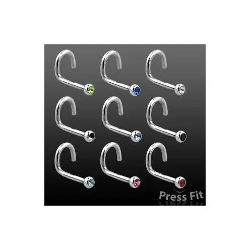 Biżuteria e-shop Piercing do nosa ze zgiętym końcem z cyrkoniami - grubość kolczyka: 1 mm, kolor cyrkoni: niebieski - b