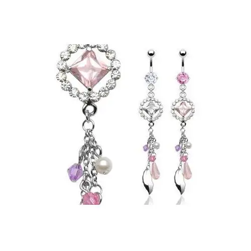 Piercing do pępka - cyrkoniowe koło, koraliki, zawieszki - kolor cyrkoni: różowy - p Biżuteria e-shop