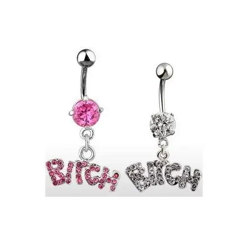 Piercing do pępka cyrkoniowy - napis bitch - kolor cyrkoni: różowy - p Biżuteria e-shop