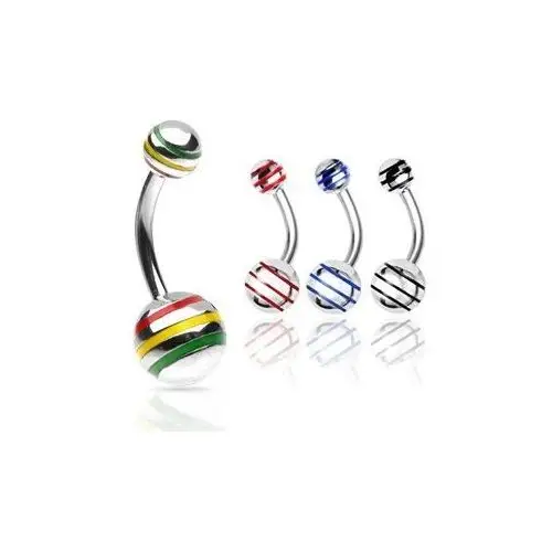 Biżuteria e-shop Piercing do pępka kuleczka z kolorowymi paseczkami - wymiary: 10 mm x 8 mm, kolor cyrkoni: czerwony - żółty - zielony - jm