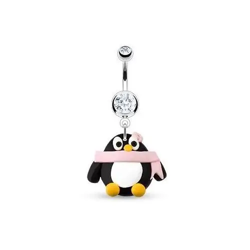 Piercing do pępka - pingwin, różowy szal i kwiat, cyrkonie Biżuteria e-shop