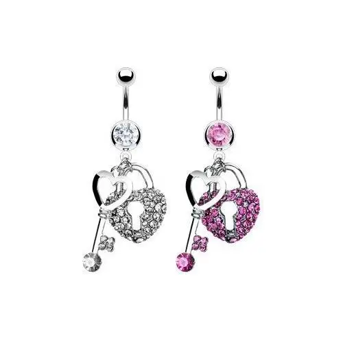 Piercing do pępka - serce i klucz, wyłożone cyrkoniami - kolor cyrkoni: różowy - p Biżuteria e-shop