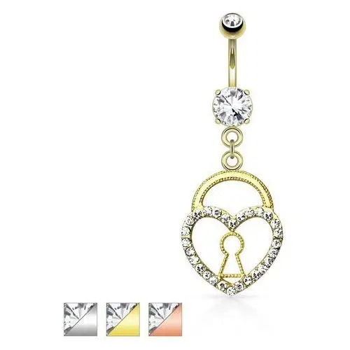 Piercing do pępka, stal 316l, sercowa kłódka ozdobiona przejrzystymi cyrkoniami - kolor: srebrny Biżuteria e-shop
