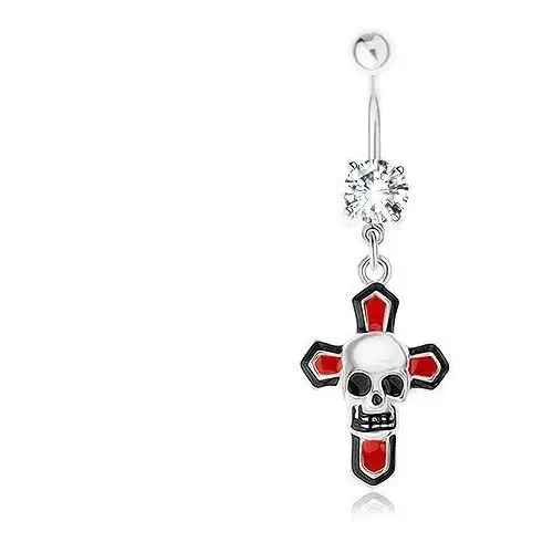 Piercing do pępka, stal 316l, szklisty krzyż, przejrzysta cyrkonia, czaszka - świeci w ciemności Biżuteria e-shop