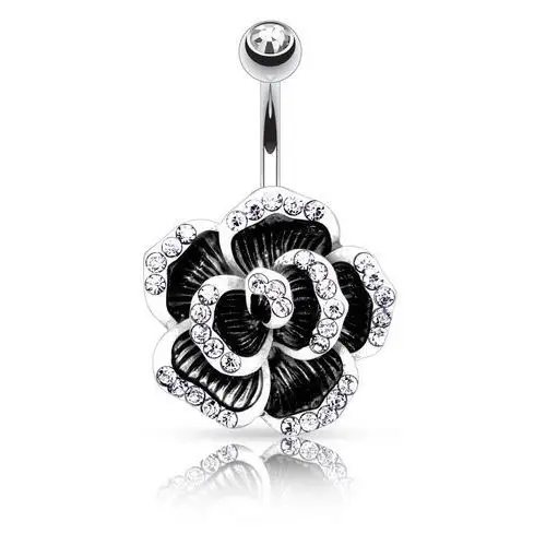 Biżuteria e-shop Piercing do pępka ze stali 316l, czarna patynowana róża z bezbarwnymi cyrkoniami