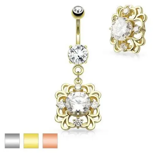 Piercing do pępka ze stali 316l, filigranowy prostokąt, oszlifowane bezbarwne cyrkonie - kolor kolczyka: srebrny Biżuteria e-shop