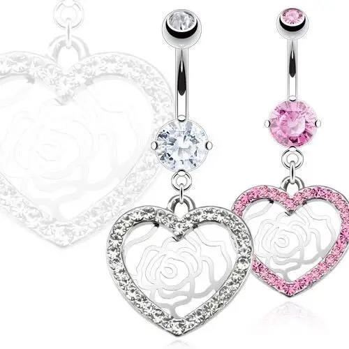 Piercing do pępka ze stali - cyrkoniowe serce, róża - kolor: różowy Biżuteria e-shop