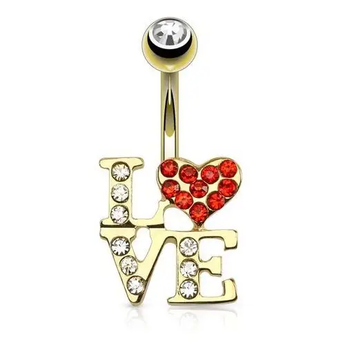 Biżuteria e-shop Piercing do pępka ze stali w złotym kolorze - napis love, serce, cyrkonia w kuleczce