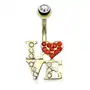 Biżuteria e-shop Piercing do pępka ze stali w złotym kolorze - napis love, serce, cyrkonia w kuleczce Sklep