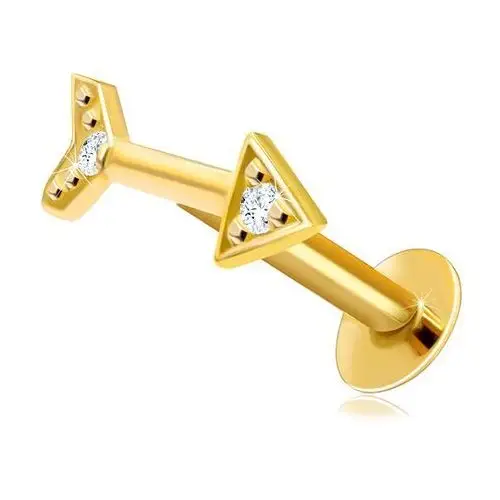 Biżuteria e-shop Piercing do wargi i brody z żółtego 9k złota - motyw strzałki z przezroczystymi cyrkoniami