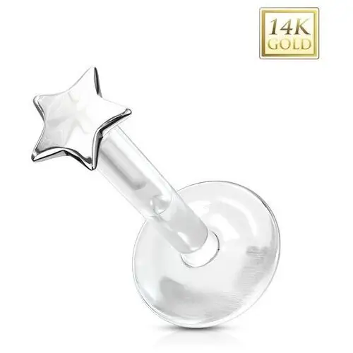 Piercing z białego 14k złota do tragusa, nosa, wargi - mała gwiazdka, przezroczysty bioflex Biżuteria e-shop